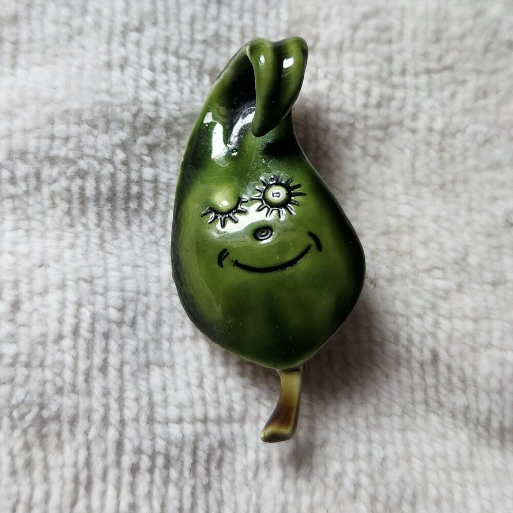 Rare Napier-style Green Enamel Brooch Smiling Winking Leaf Pin Anthropomorphic
